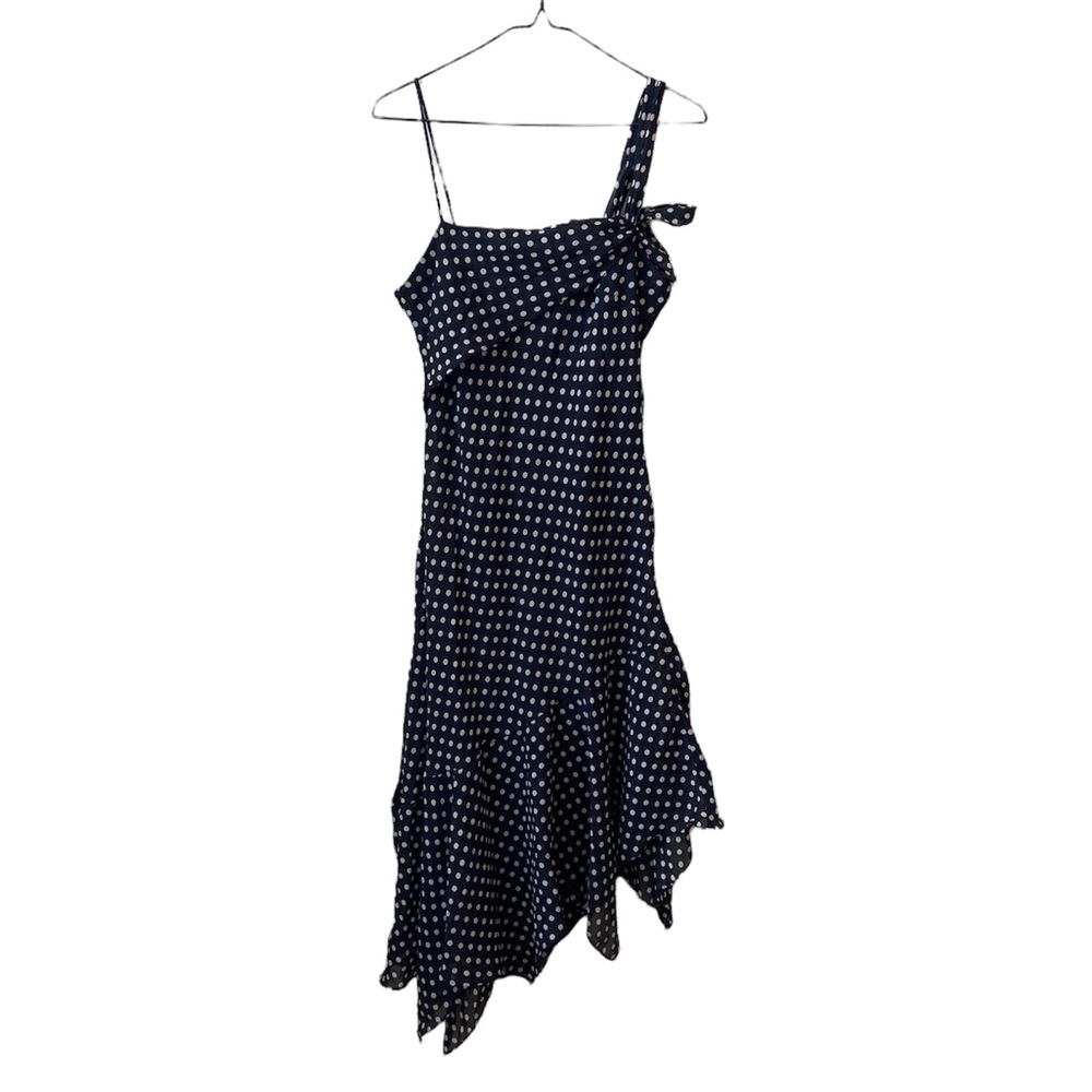 CDC BLACK AND WHITE POLKA DOT ASYMMETRIC MIDI DRESS, SLEEVELESS, SIZE 8